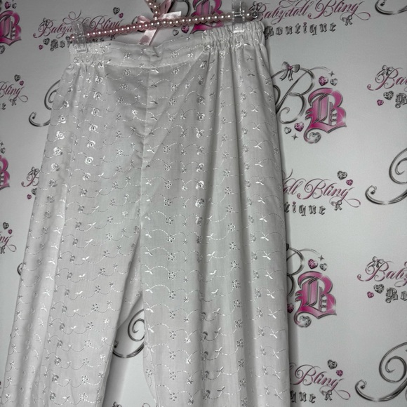 Pants floral embroidered white lounge flowy lounge lightweight flowers shimmer - Picture 2 of 9
